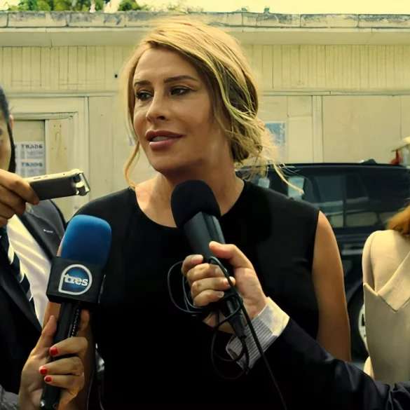 emilia speaks to a group of reporters with zoe saldana beside her in emilia perez